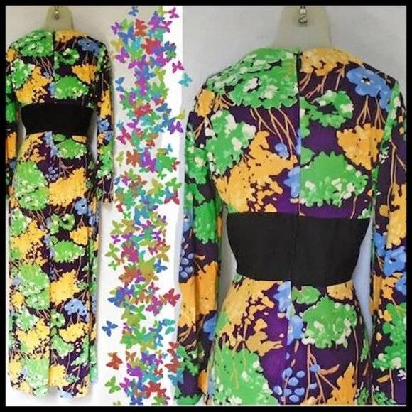 Vintage Maxi Lounge Dress Asian Style, Long Bell Sleeves, Soft & Cozy - Picture 6 of 16